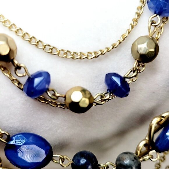 Large Multi-Gemstone Necklace Multi-Strand Gold Tone Statement Chains & Beads - Picture 8 of 9